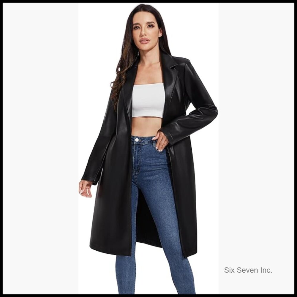 Faux Leather Trench Coat, Motorcycle Biker Jacket, Slim Fit